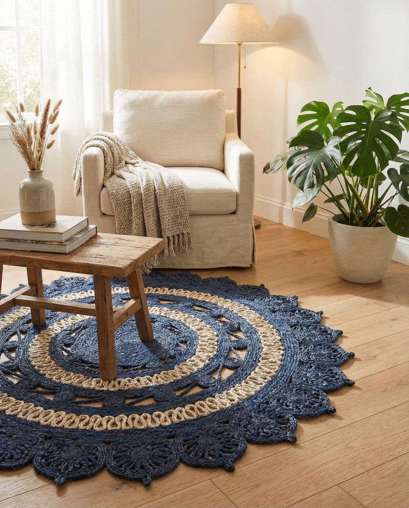 Woven Seaside Jute Collection Area Rug - Coastalhaven (Navy Blue and White) Round Navy Blue and White  lifestyle 15