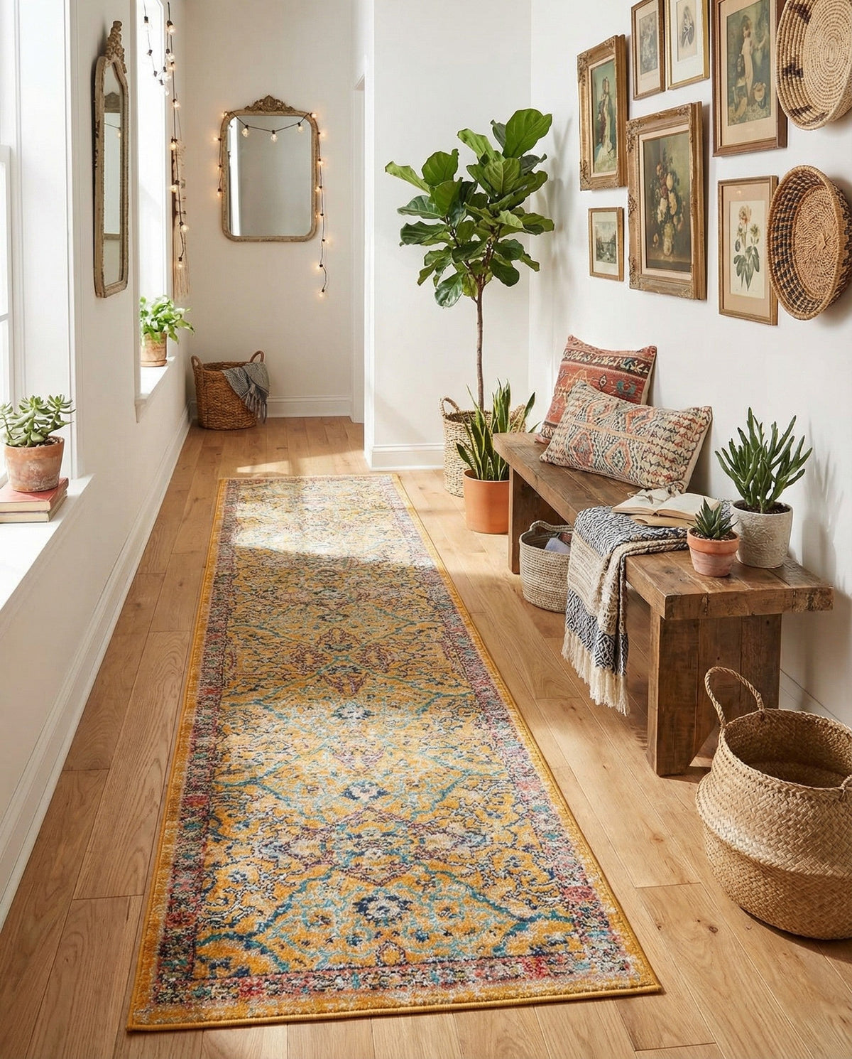 Seville Stripes Collection Area Rug -  Malaga (Yellow) Runner Yellow  lifestyle 99
