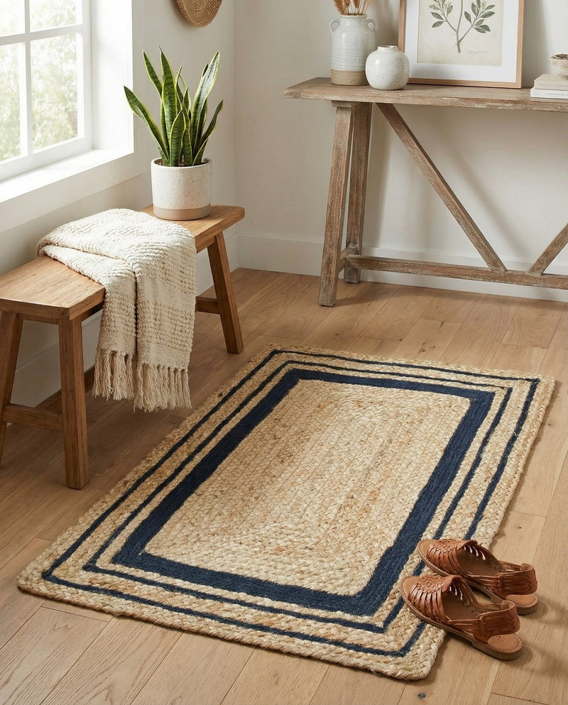 Woven Seaside Jute Collection Area Rug - Nantucket Rectangle Natural and Navy Blue  lifestyle 35