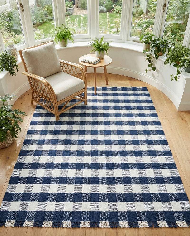 Sustainable Grid Indoor-Outdoor Oasis Collection Area Rug - Savannah Rectangle Navy Blue  lifestyle 45
