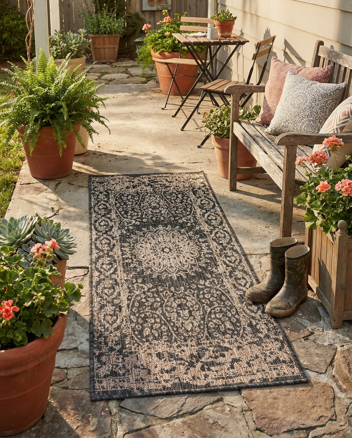 Patio Heritage Collection Area Rug -  Lafayette (Black) Runner Black  lifestyle 74