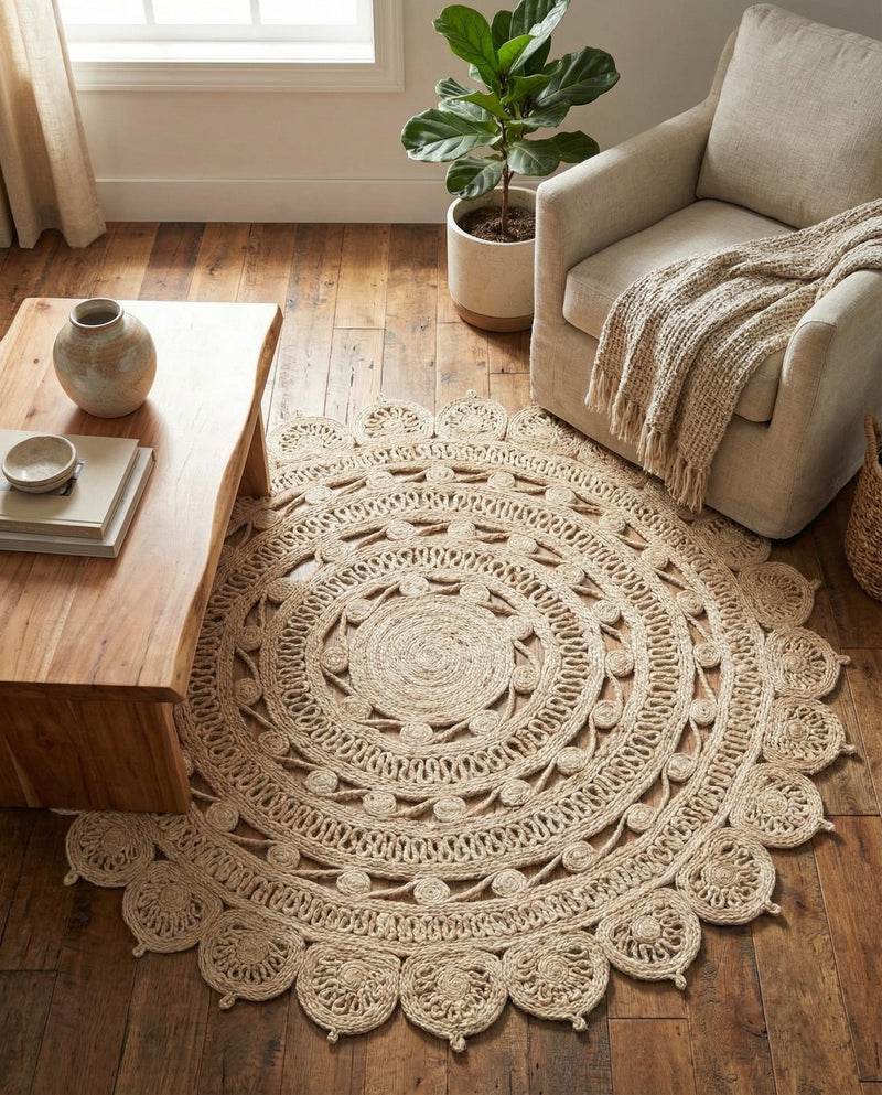 Woven Seaside Jute Collection Area Rug - Coastalhaven (Ivory) Round Ivory  lifestyle 29