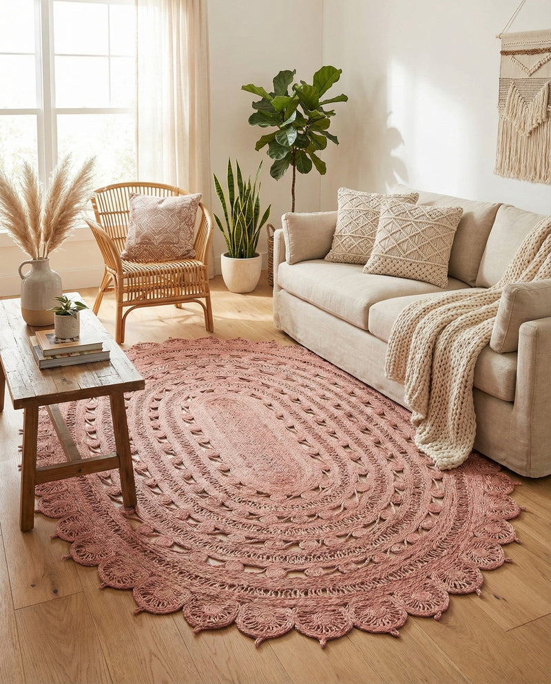 Woven Seaside Jute Collection Area Rug - Coastalhaven (Pink) Oval Pink  lifestyle 36