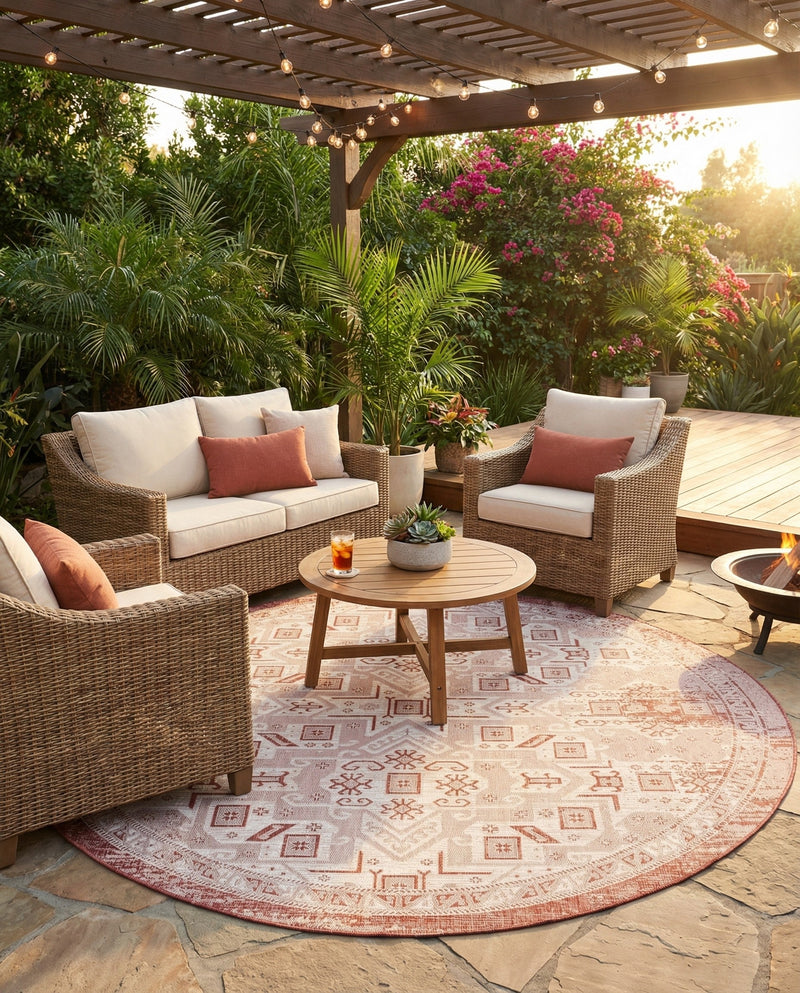 Tribal Terrace Treasures Collection Area Rug - Mayan Marina (Rust Red) Round Rust Red  lifestyle 25