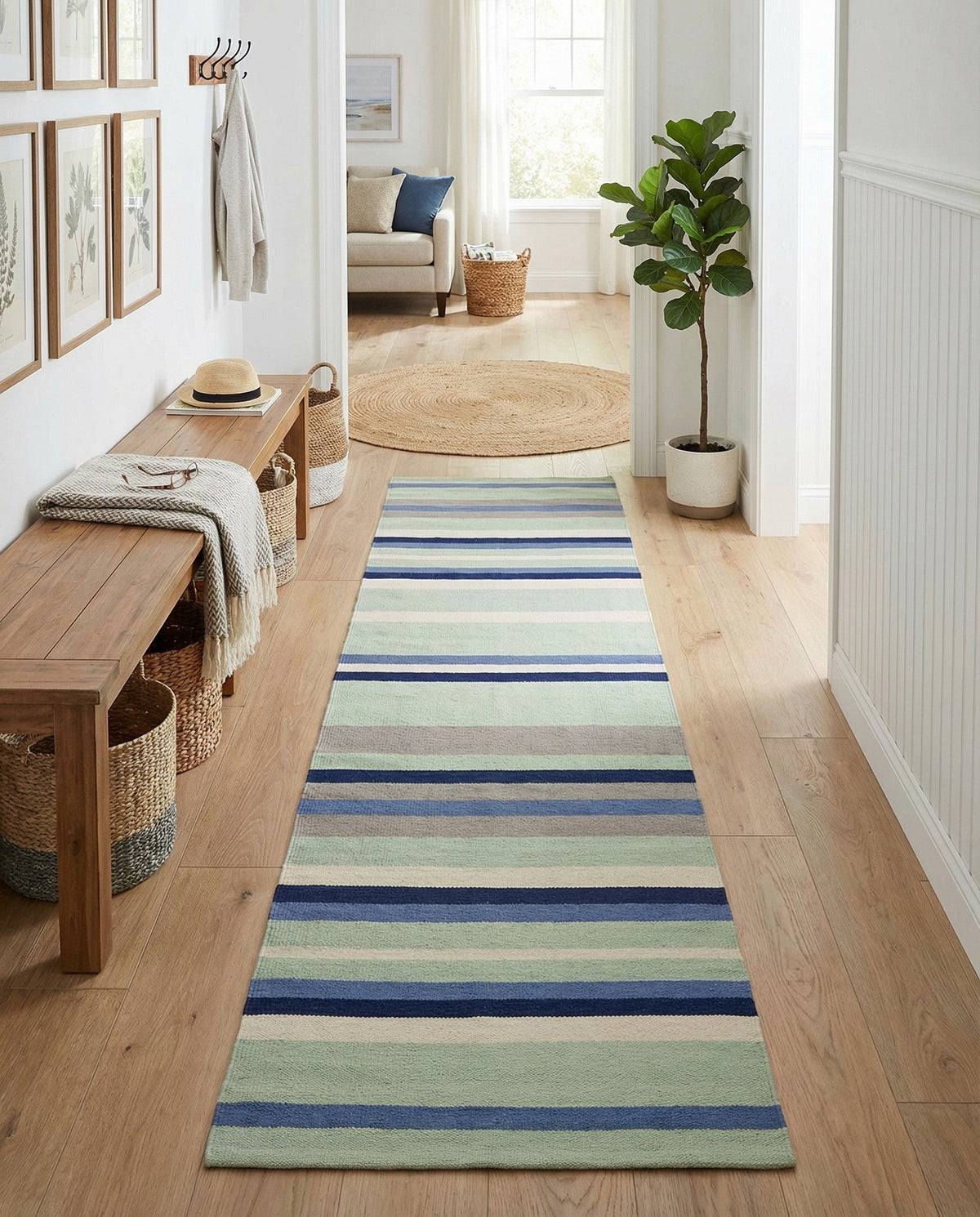 Coastal Stripe Dhurrie Collection Area Rug - Seashore Runner Aqua Blue and Gray  lifestyle 123