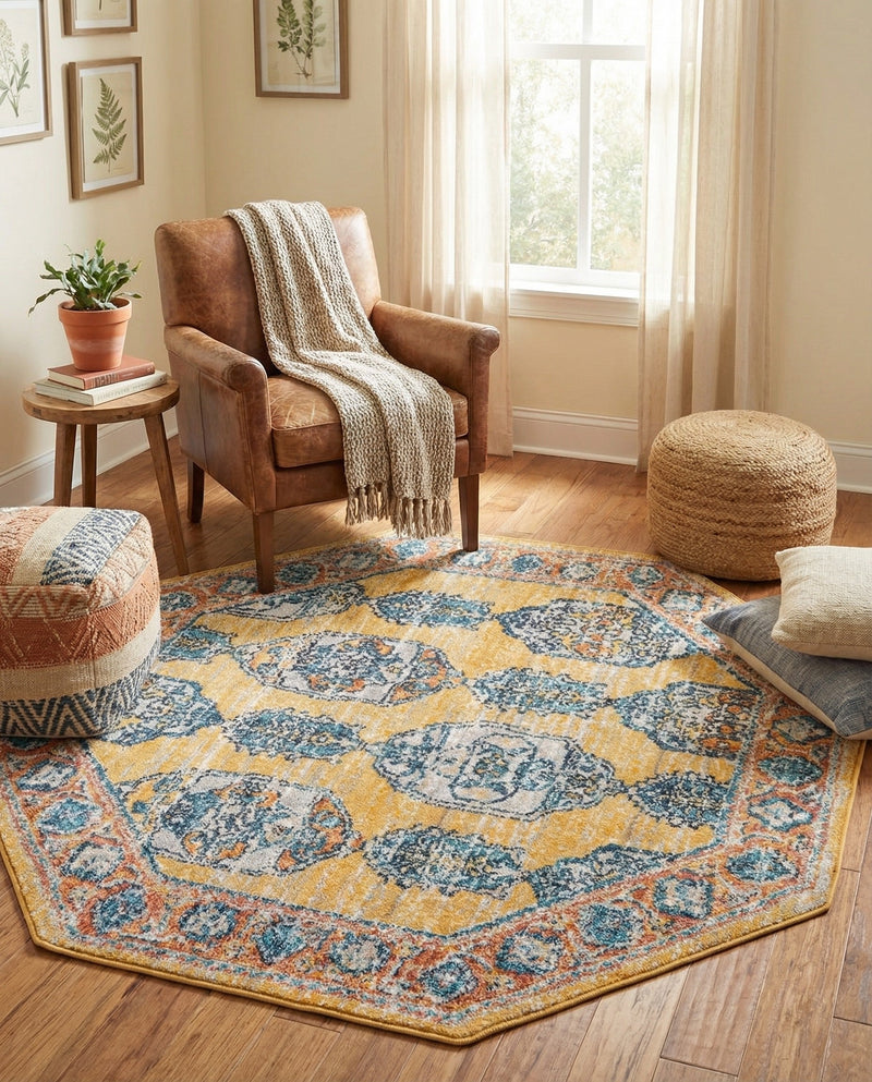 Seville Stripes Collection Area Rug -  Granada (Yellow) Octagon Yellow  lifestyle 77