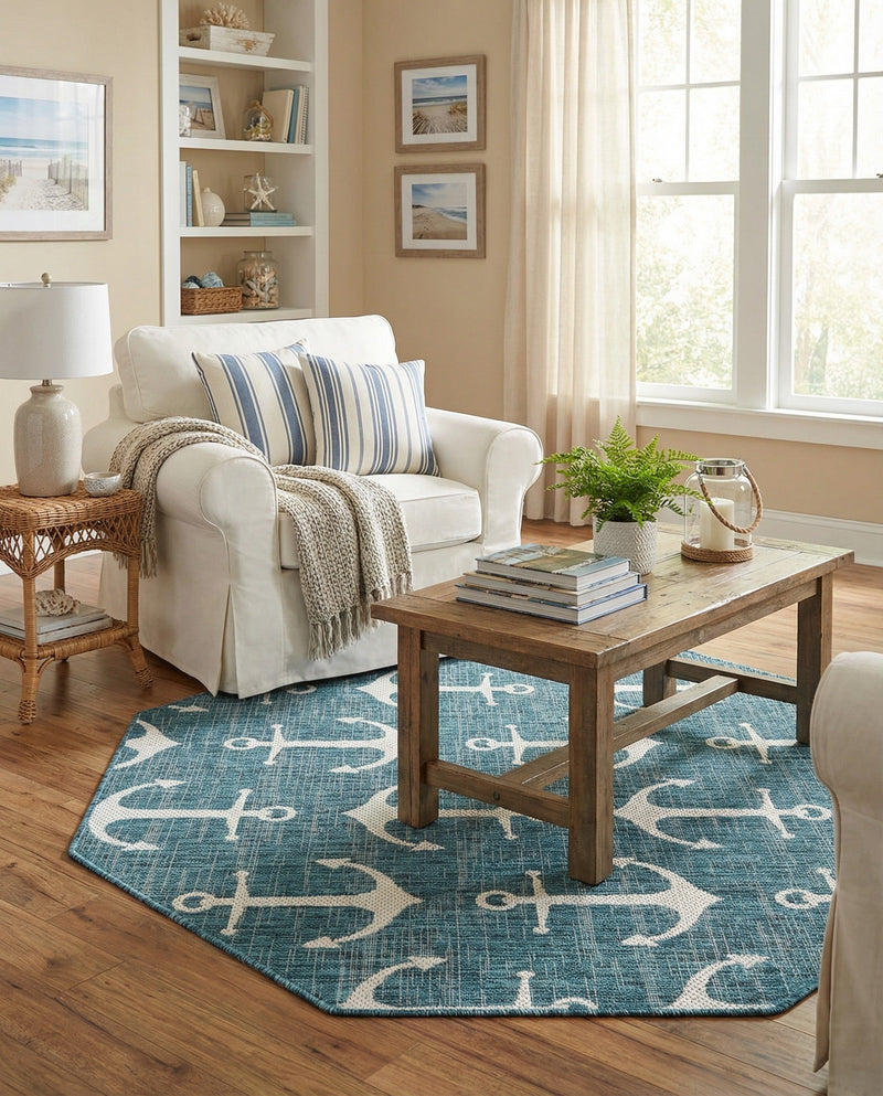 Seaside Haven Rugs Collection Area Rug - Sapphire (Teal) Octagon Teal  lifestyle 34
