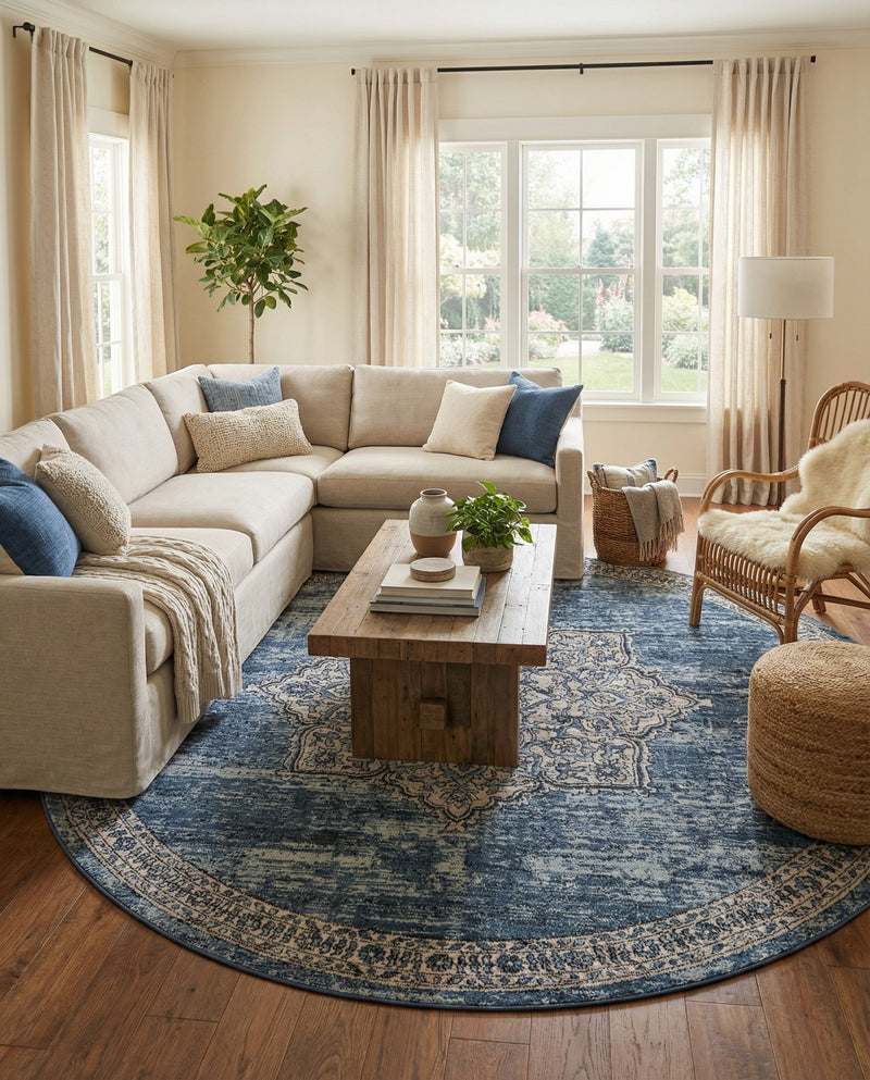 Mykonos Manor Collection Area Rug -  Tinos (Blue) Round Blue  lifestyle 62