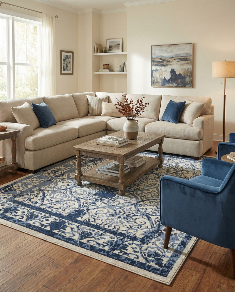 Horizon Collection Area Rug -  Sierra Rectangle Ivory and Blue  lifestyle 25