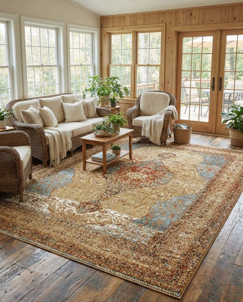 Patio Heritage Collection Area Rug -  Pergola Rectangle Blue and Light Brown  lifestyle 31