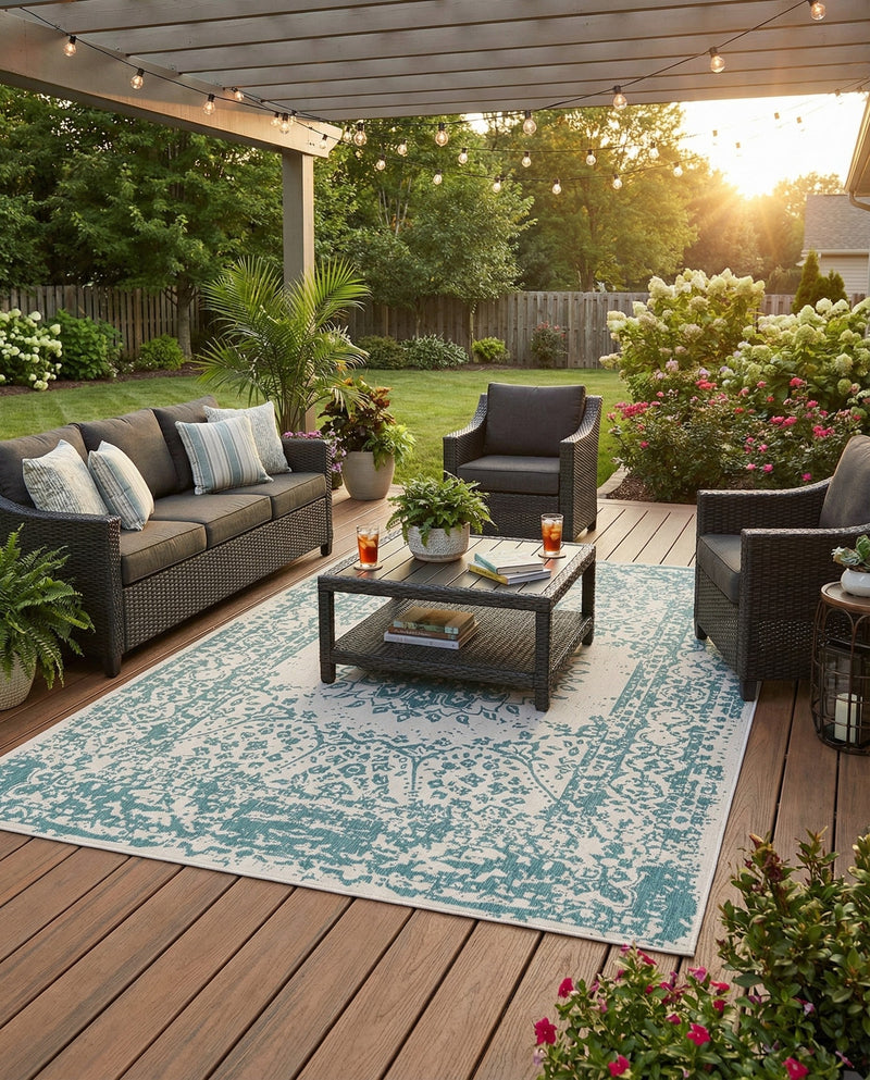 Patio Heritage Collection Area Rug -  Lafayette (Aqua) Rectangle Aqua  lifestyle 18