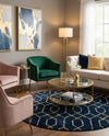 Hollywood Luxe Collection Area Rug - Sunset (Navy Blue Gold) Round Navy Blue Gold  lifestyle 52