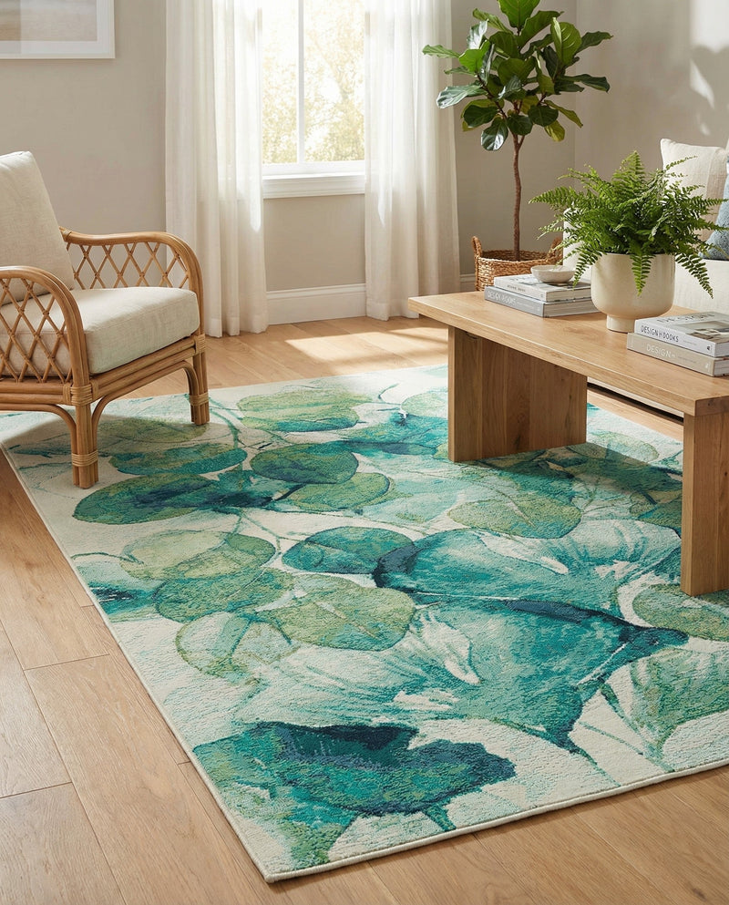 Seaside Blooms Collection Area Rug -  Flora Rectangle Blue Green  lifestyle 36