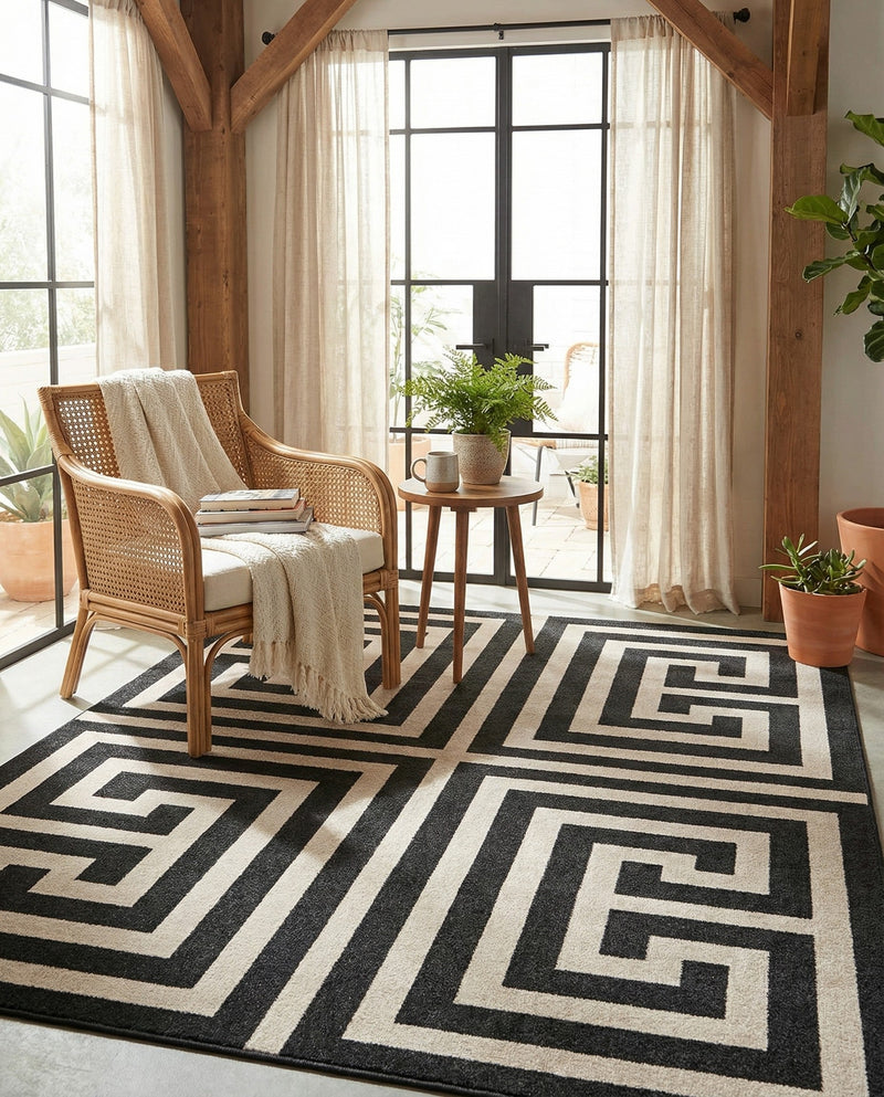 Aegean Labyrinth Collection Area Rug -  Mykonos Rectangle Black  lifestyle 28