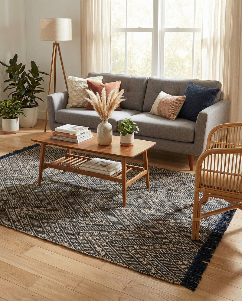 Woven Seaside Jute Collection Area Rug - Oia Rectangle Navy Blue and White  lifestyle 20