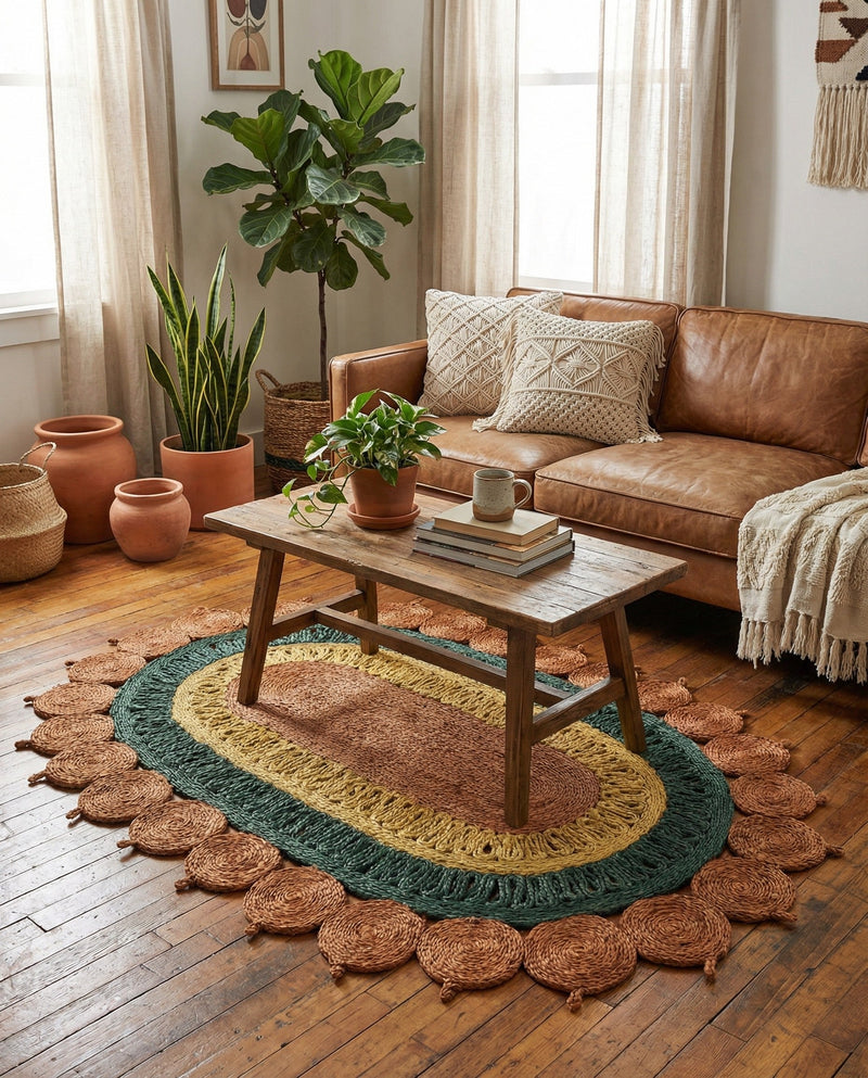 Woven Seaside Jute Collection Area Rug - Coastalhaven (Orange Green Yellow) Oval Orange Green Yellow  lifestyle 15