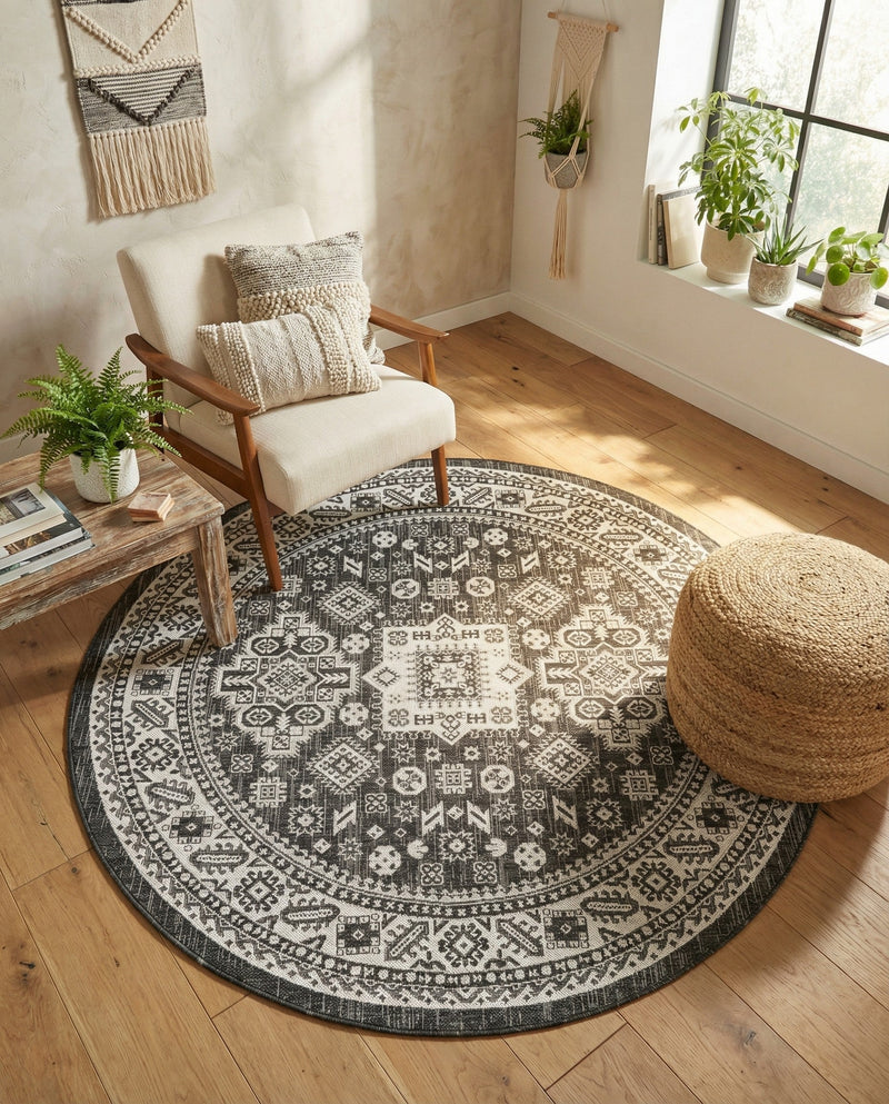 Tribal Terrace Treasures Collection Area Rug -  Incan Isle (Charcoal Gray) Round Charcoal Gray  lifestyle 24