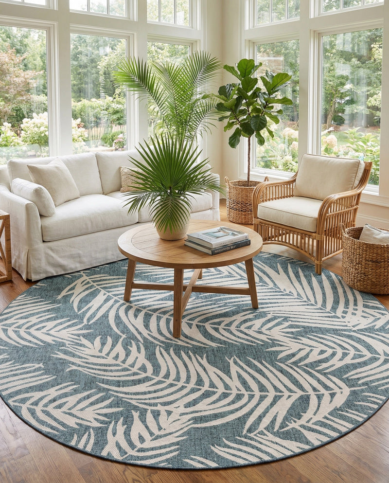 Seaside Blooms Collection Area Rug - Verdure (Teal) Round Teal  lifestyle 34