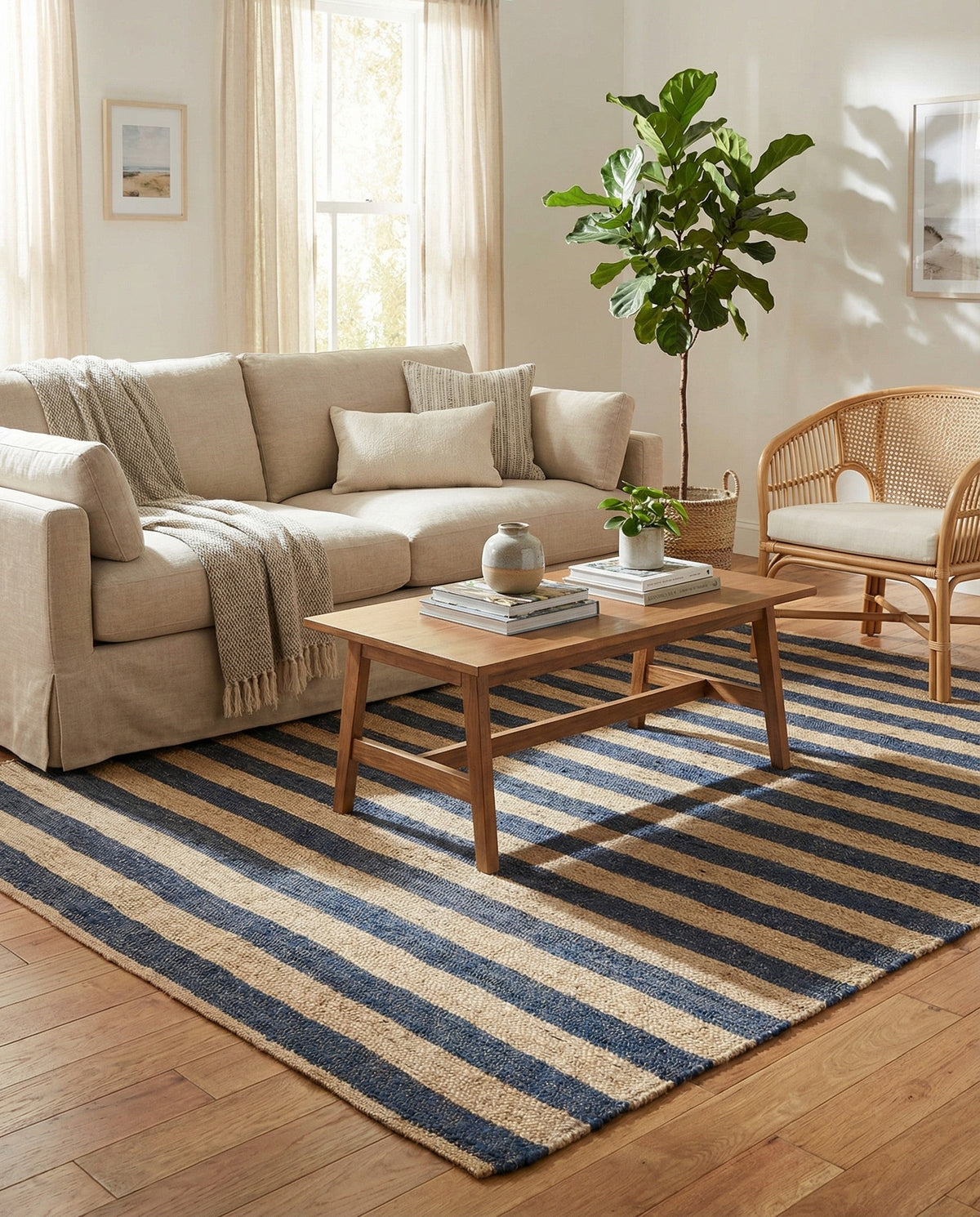 Woven Seaside Jute Collection Area Rug - Nantucket Square Navy Ivory  lifestyle 142