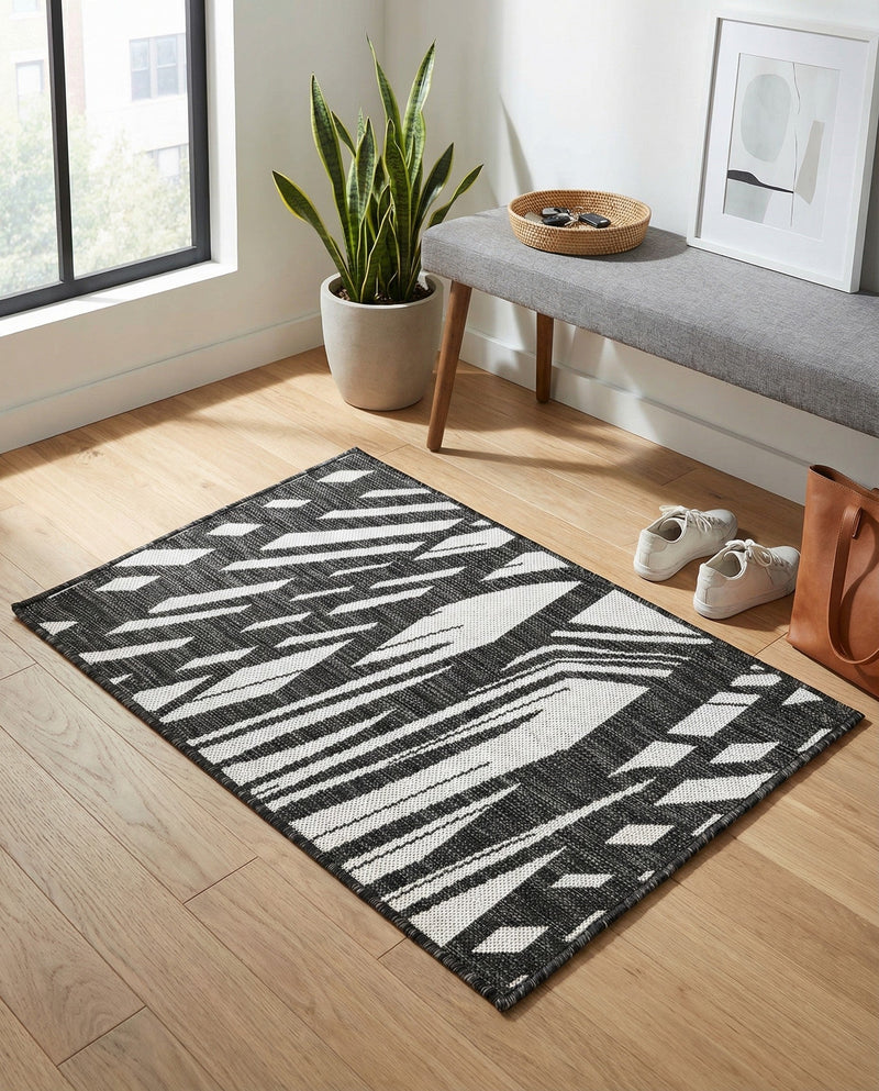 Urban Terrace Collection Area Rug -  Queens Rectangle Black and White  lifestyle 8