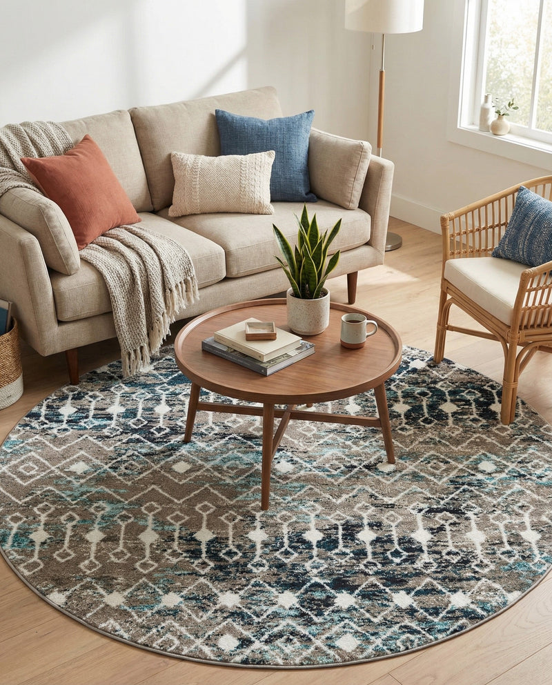 Mediterranean Lattice Collection Area Rug - Santorini (Multi Gray Blue) Round Multi Gray Blue  lifestyle 86