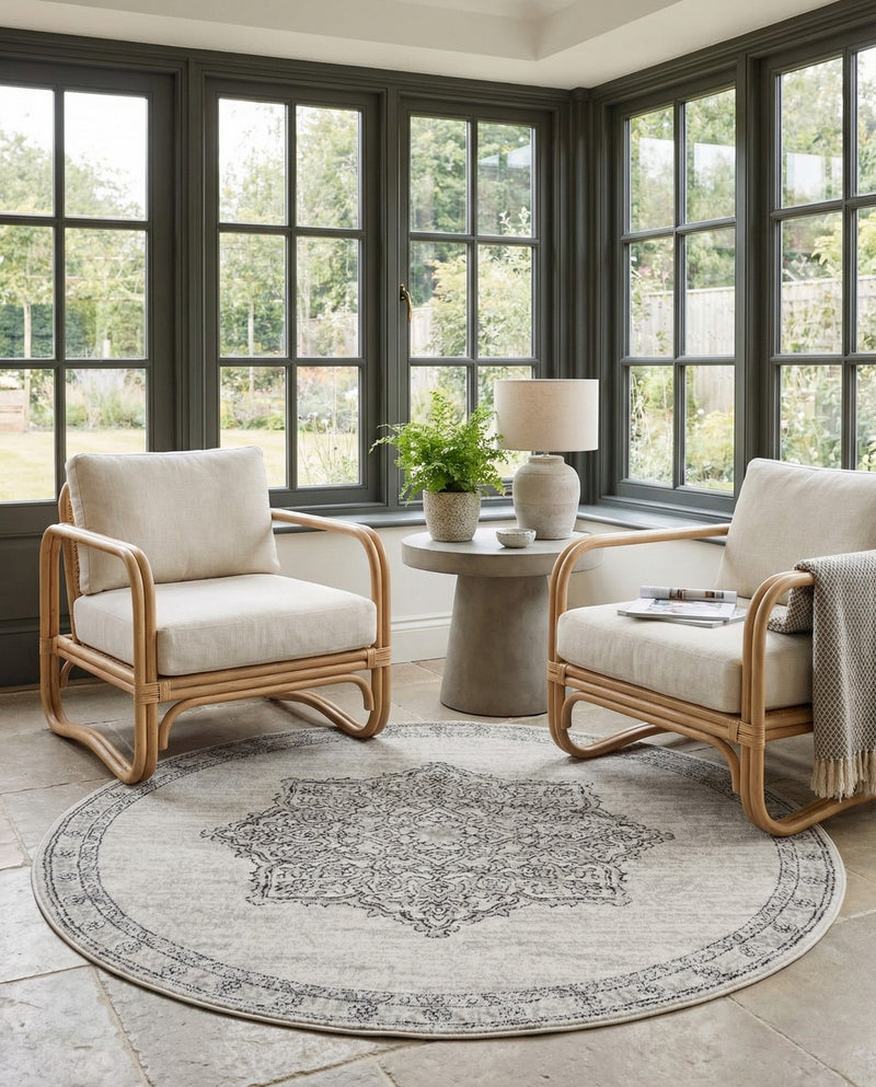 Mykonos Manor Collection Area Rug -  Tinos (Ivory) Round Ivory  lifestyle 76
