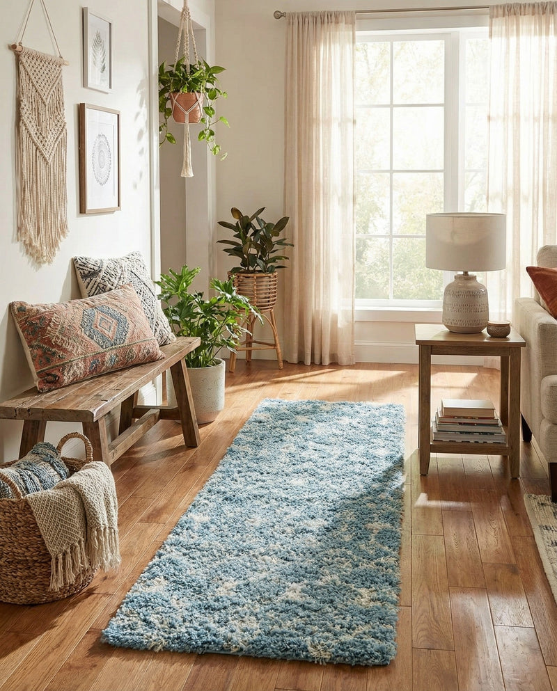 Berber Lattice Shag Collection Area Rug - Atlas (Light Blue) Runner Light Blue  lifestyle 31