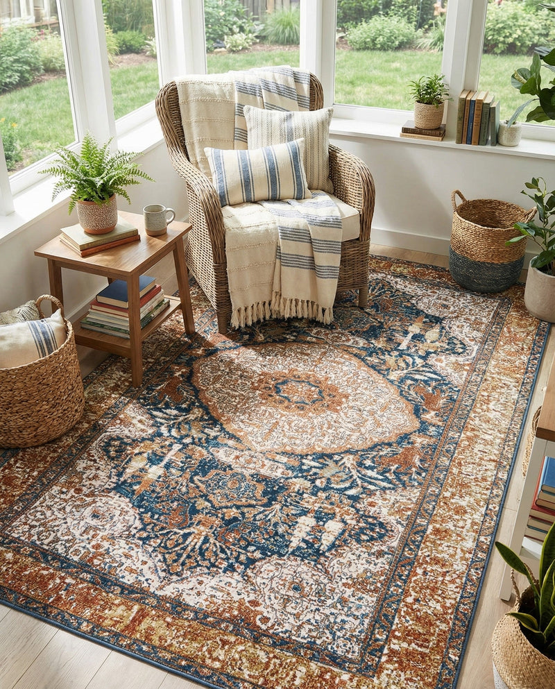 Patio Heritage Collection Area Rug -  Courtyard Rectangle Navy Blue and Light Pink  lifestyle 18