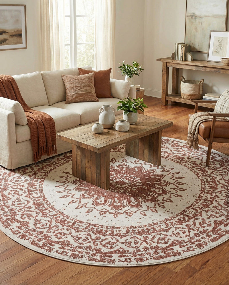 Patio Heritage Collection Area Rug -  Lafayette (Rust Red) Round Rust Red  lifestyle 73