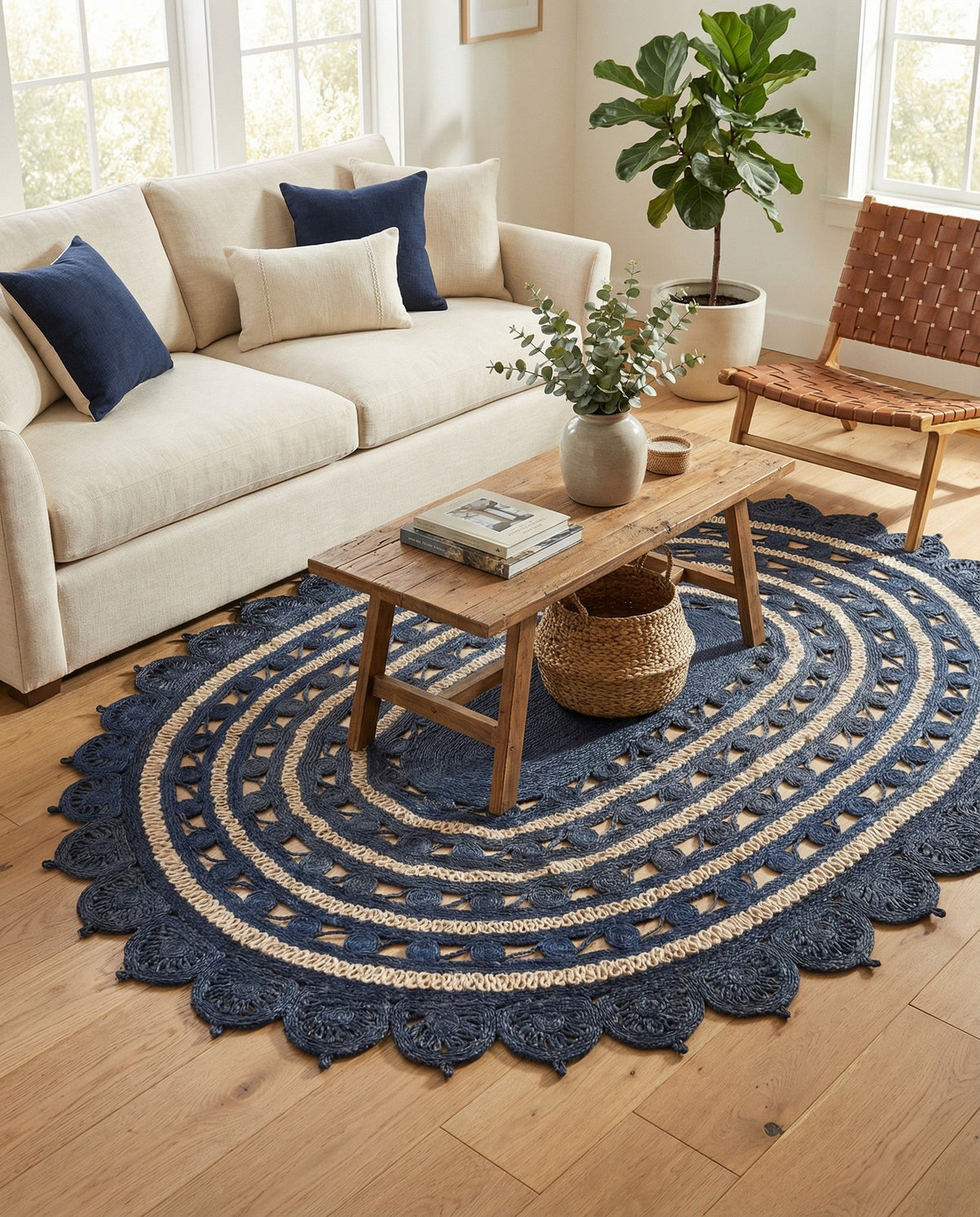 Woven Seaside Jute Collection Area Rug - Coastalhaven (Navy Blue and White) Oval Navy Blue and White  lifestyle 36