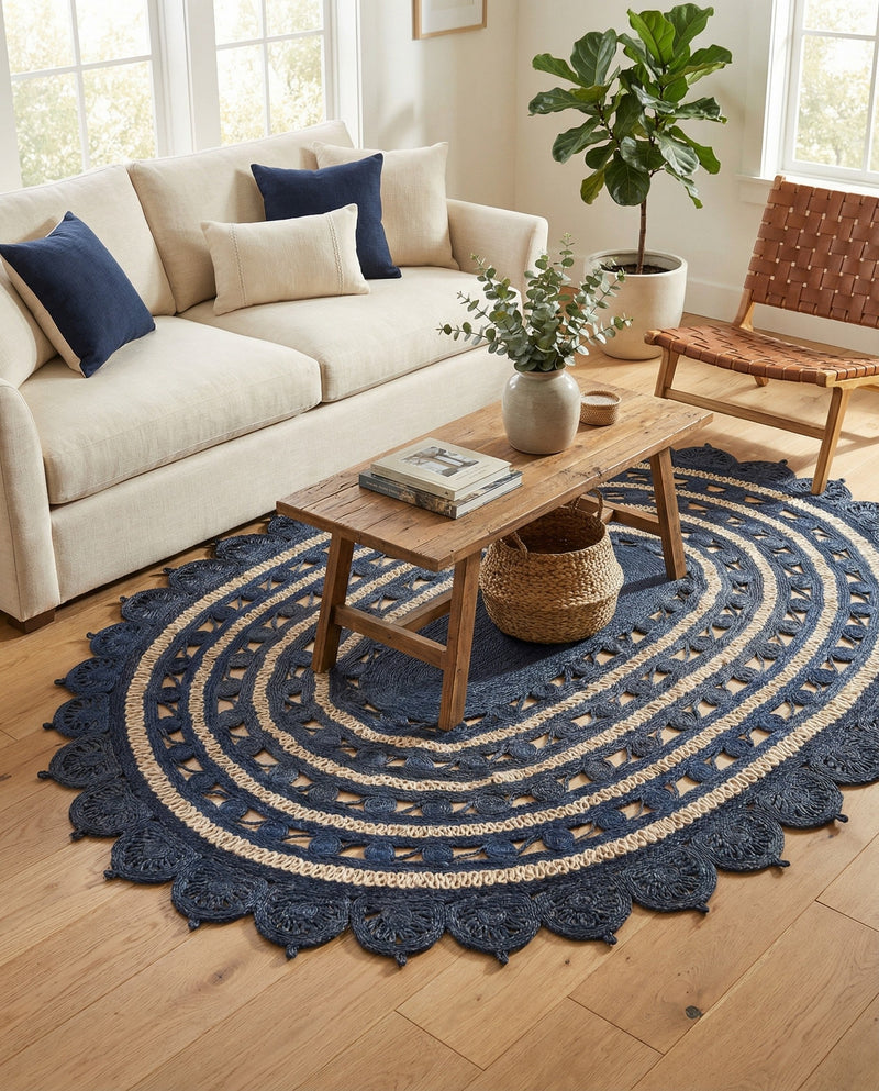 Woven Seaside Jute Collection Area Rug - Coastalhaven (Navy Blue and White) Oval Navy Blue and White  lifestyle 36