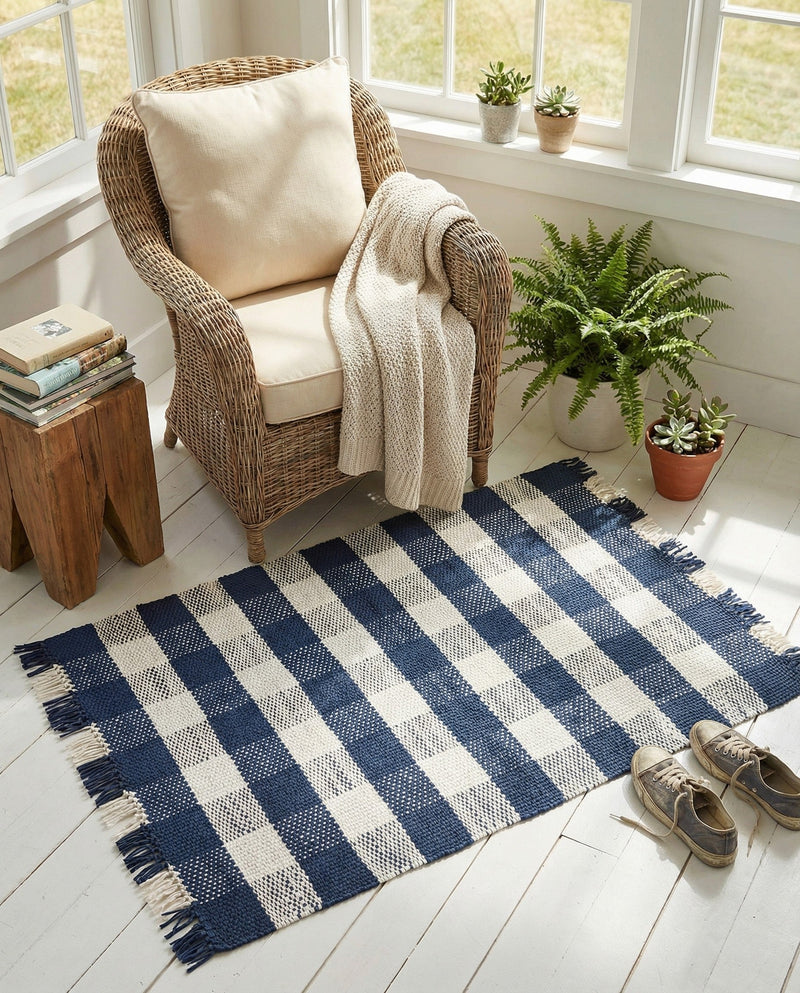 Sustainable Grid Indoor-Outdoor Oasis Collection Area Rug - Savannah Rectangle Navy Blue  lifestyle 41