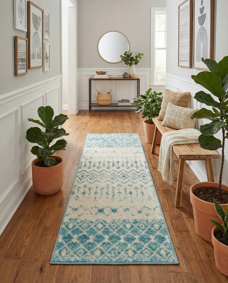 Mediterranean Lattice Collection Area Rug -  Casablanca (Ivory Blue) Runner Ivory Blue  lifestyle 26