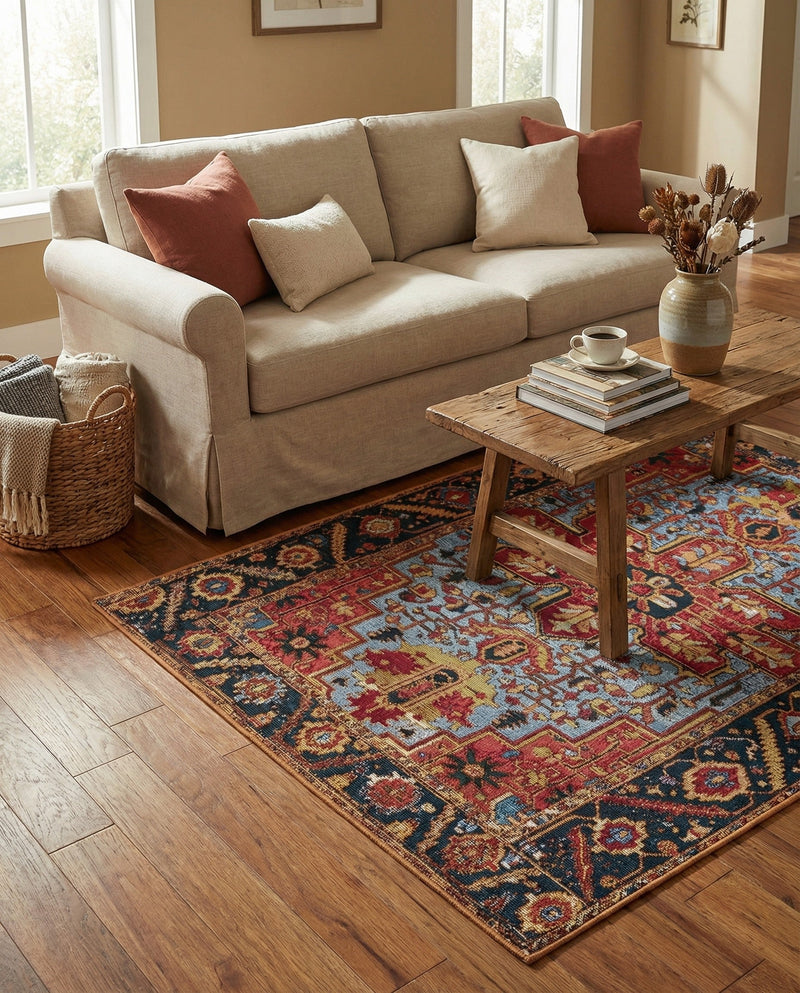 Patio Heritage Collection Area Rug -  Garden Rectangle Rust Red and Blue  lifestyle 22