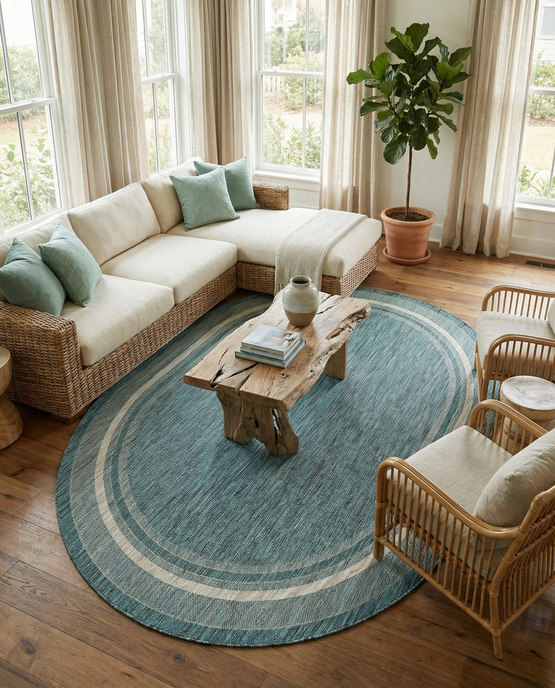 Terrace Fringe Collection Area Rug - Veranda (Teal) Oval Teal  lifestyle 78
