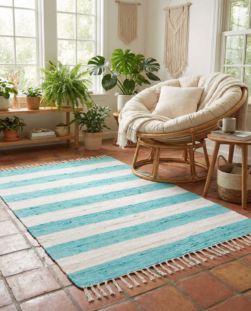 Tassel Trail Collection Area Rug - Pathway (Turquoise and Ivory) Rectangle Turquoise and Ivory  lifestyle 5