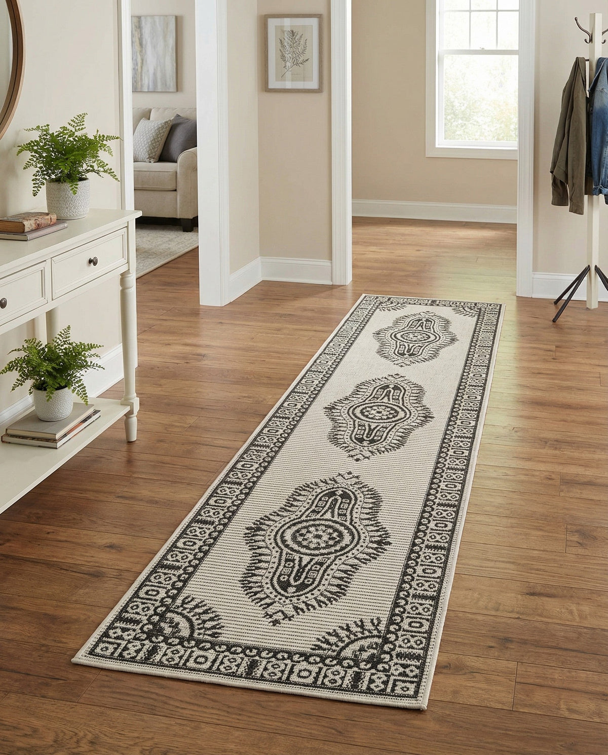 Patio Heritage Collection Area Rug -  Biloxi Runner White and Black  lifestyle 88