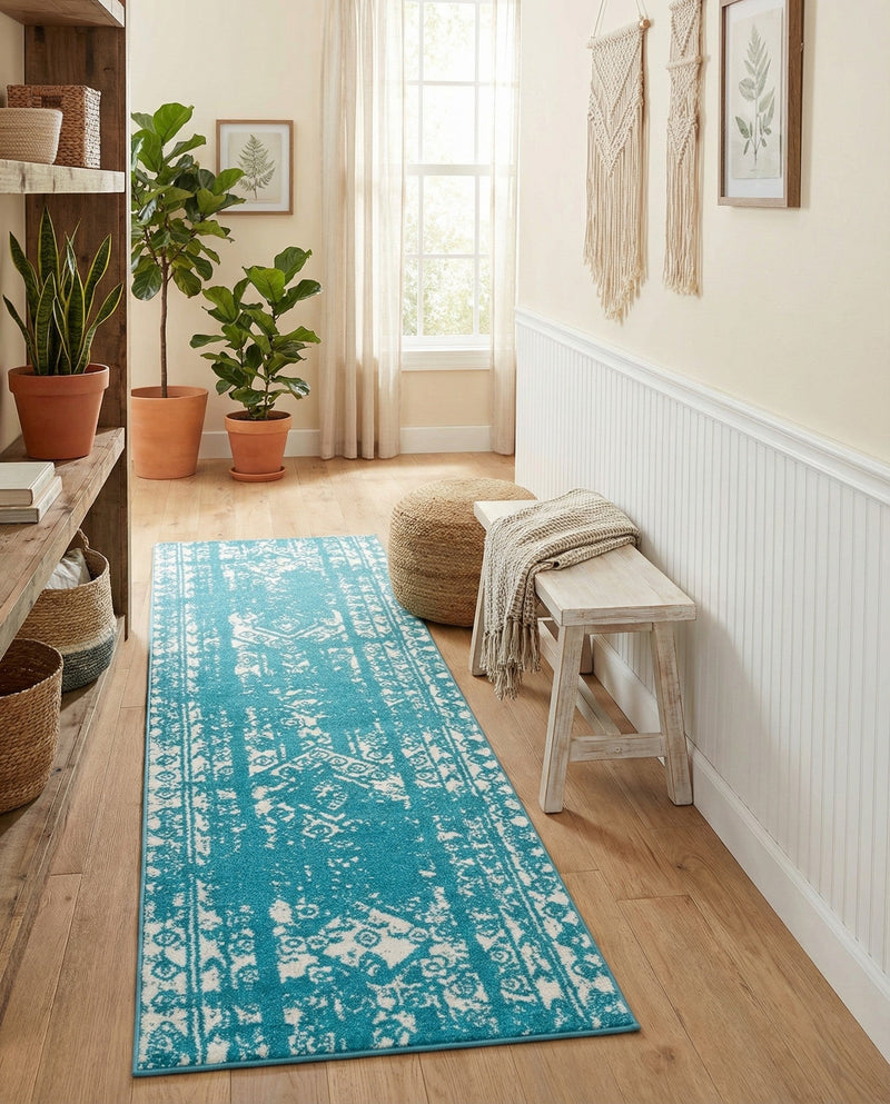 Brighton Stripes Collection Area Rug - Sussex (Turquoise) Runner Turquoise  lifestyle 64