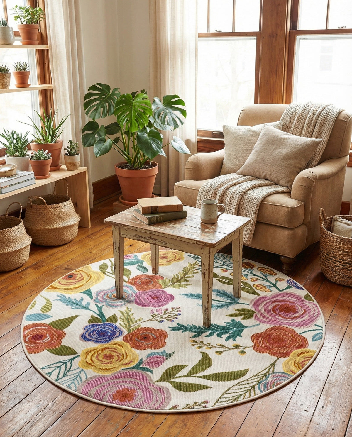 Meadow Breeze Collection Area Rug -  Petal Round Ivory  lifestyle 236