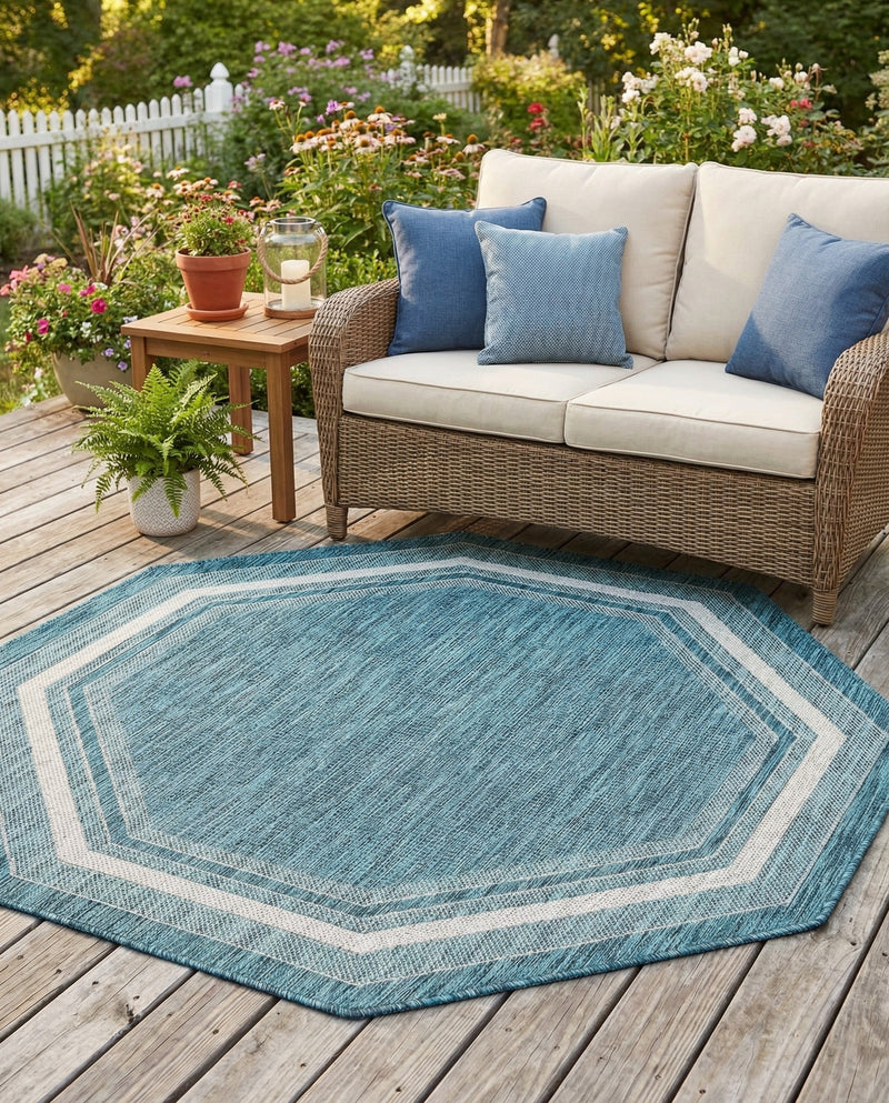 Terrace Fringe Collection Area Rug - Veranda (Teal) Octagon Teal  lifestyle 52
