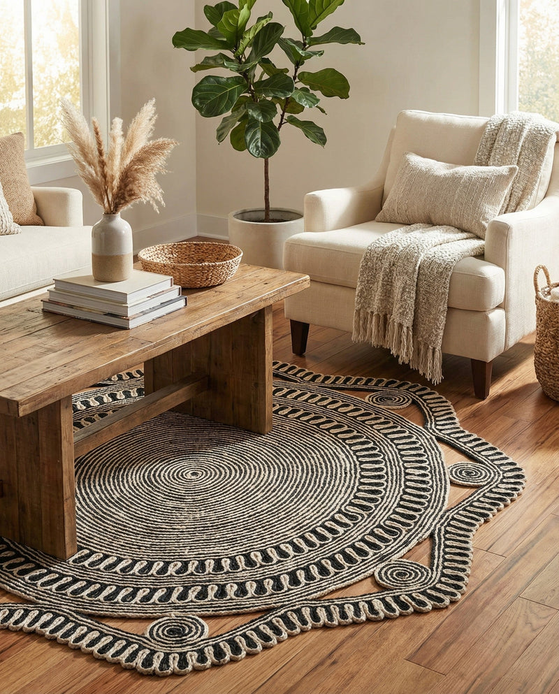 Woven Seaside Jute Collection Area Rug - Nantucket Round Black and White  lifestyle 51