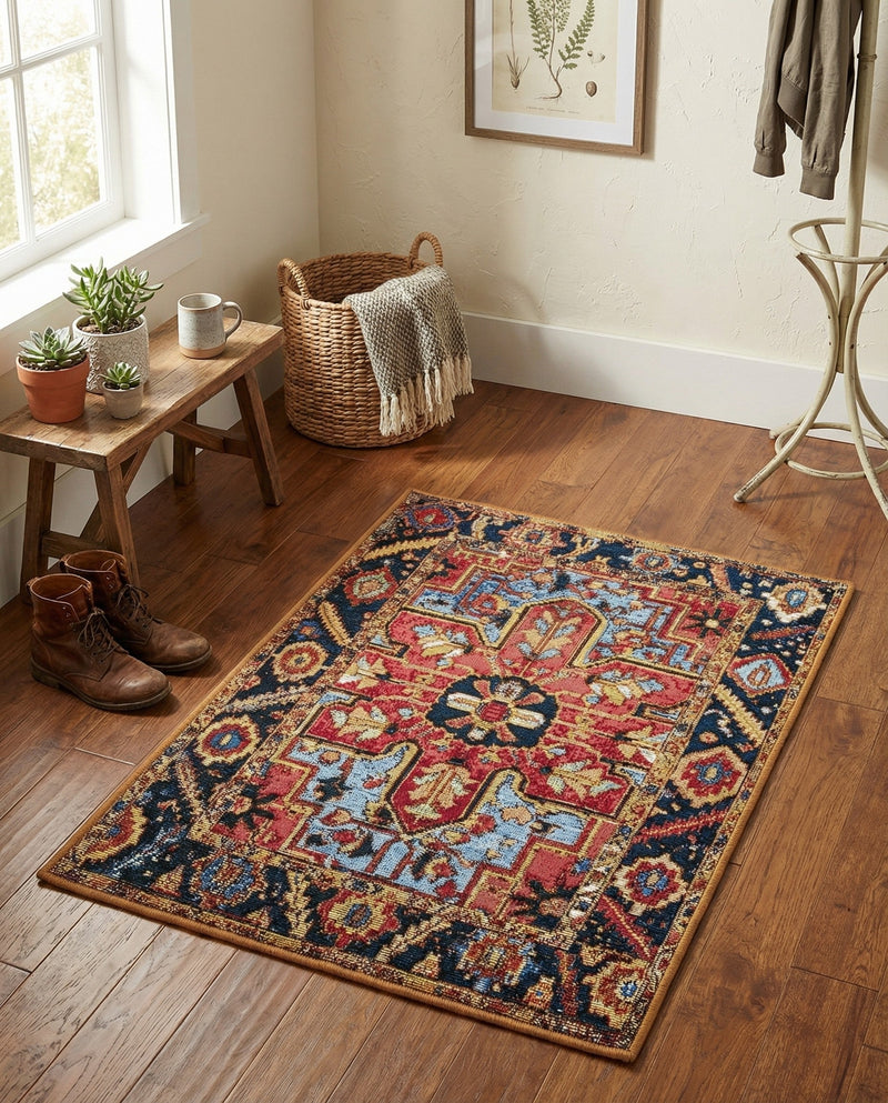 Patio Heritage Collection Area Rug -  Garden Rectangle Rust Red and Blue  lifestyle 27