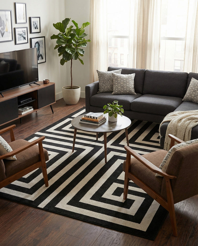 Aegean Labyrinth Collection Area Rug -  Mykonos Rectangle Black  lifestyle 29