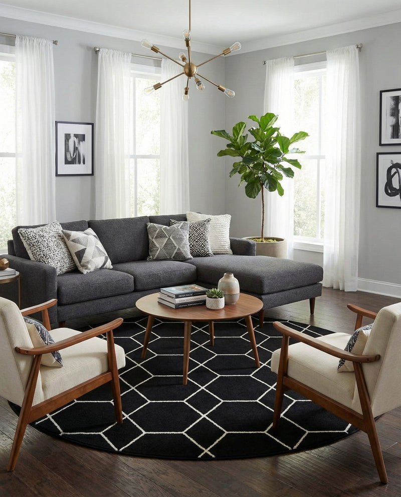 Trellis Mosaic Collection Area Rug - Arborville (Black) Round Black  lifestyle 40