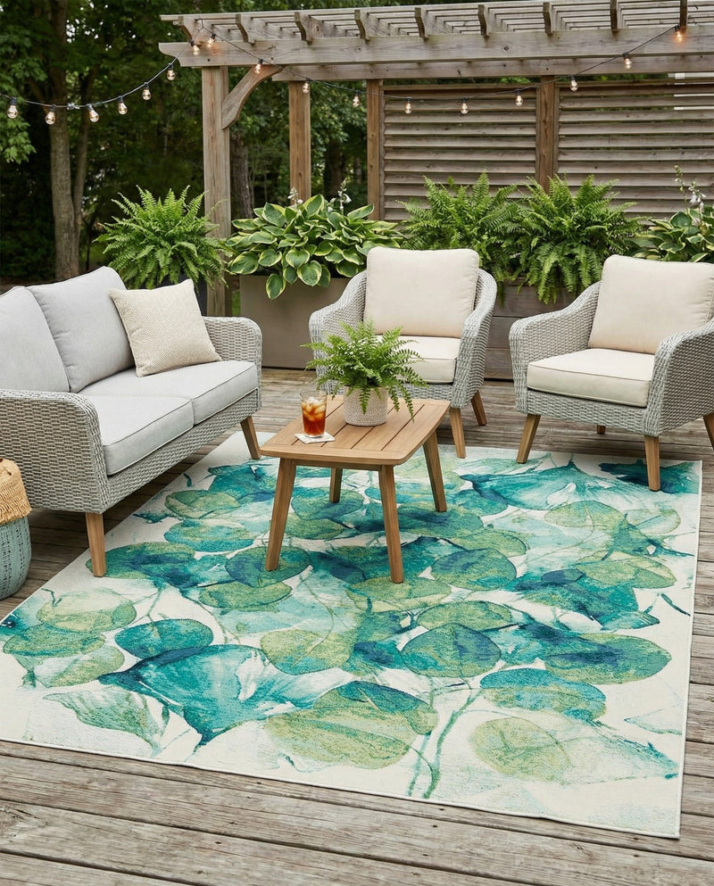 Seaside Blooms Collection Area Rug -  Flora Rectangle Blue Green  lifestyle 38