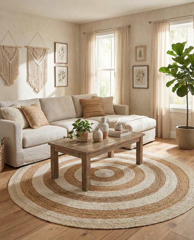 Woven Seaside Jute Collection Area Rug - Nautilus Round White Natural  lifestyle 30