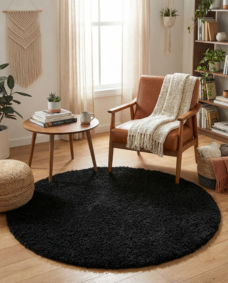 Plush Oasis Collection Area Rug - Serenity (Jet Black) Round Jet Black  lifestyle 48