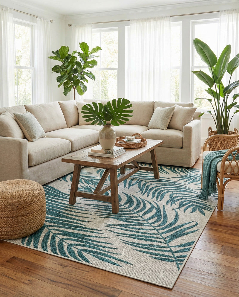 Seaside Blooms Collection Area Rug - Verdure (Teal Ivory) Rectangle Teal Ivory  lifestyle 5
