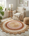 Woven Seaside Jute Collection Area Rug - Coastalhaven (Natural White Orange Pink) Round Natural White Orange Pink  lifestyle 10