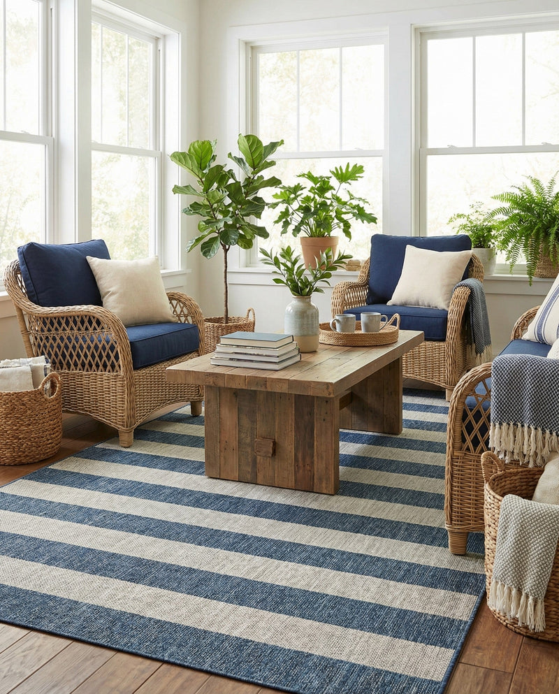 Seaside Stripes Collection Area Rug -  Veranda Rectangle Blue  lifestyle 33
